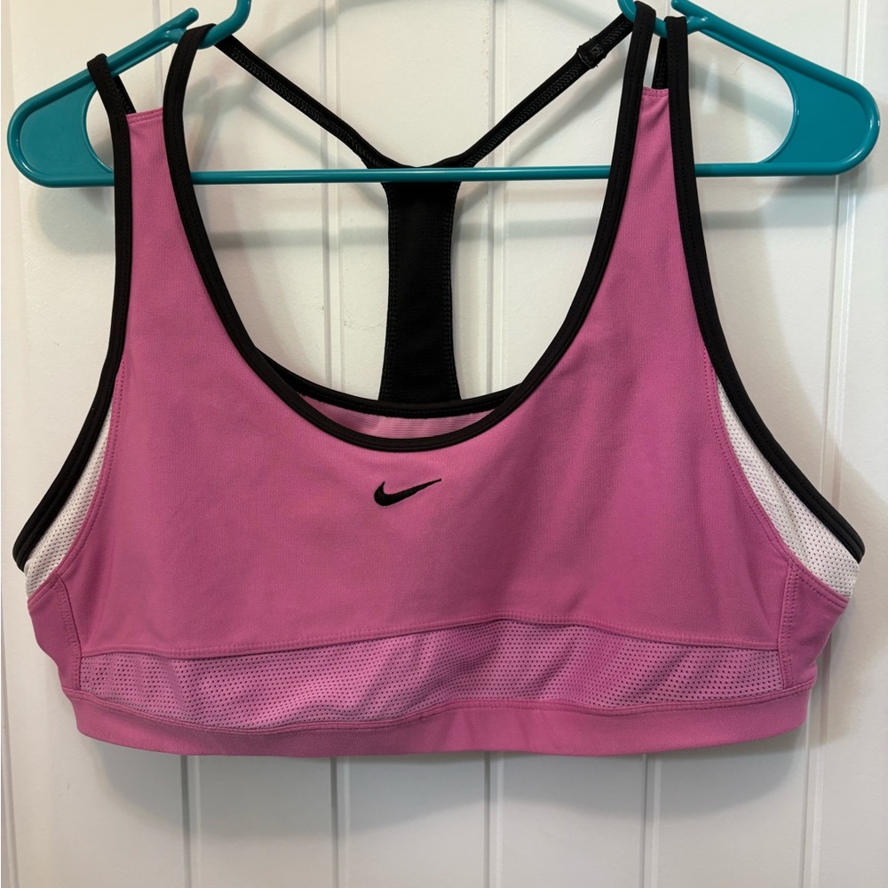 Nike Women's Pink/Black Sports Bra. Y back with double strap. Size XL.